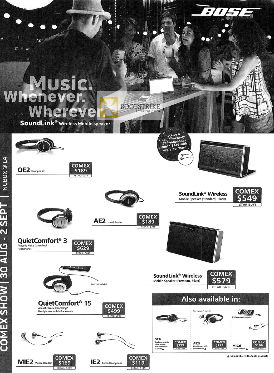COMEX 2012 price list image brochure of Newstead Nubox Bose Headphones OE2 AE2, QuietComfort 3, 15, IE2, MIE2, SoundLink Wireless Speakers, AE2