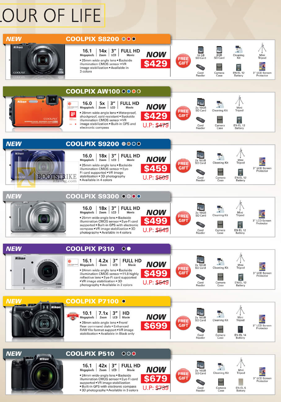 COMEX 2012 price list image brochure of Nikon Digital Cameras Coolpix S8200, AW100, S9200, S9300, P310, P7100, P510