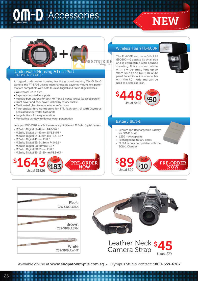 COMEX 2012 price list image brochure of Olympus Digital Camera OM-D Accessories Neck Camera Strap, Wireless Flash FL-600R, Battery BLN-1, PT-EP08, PPO-EP01