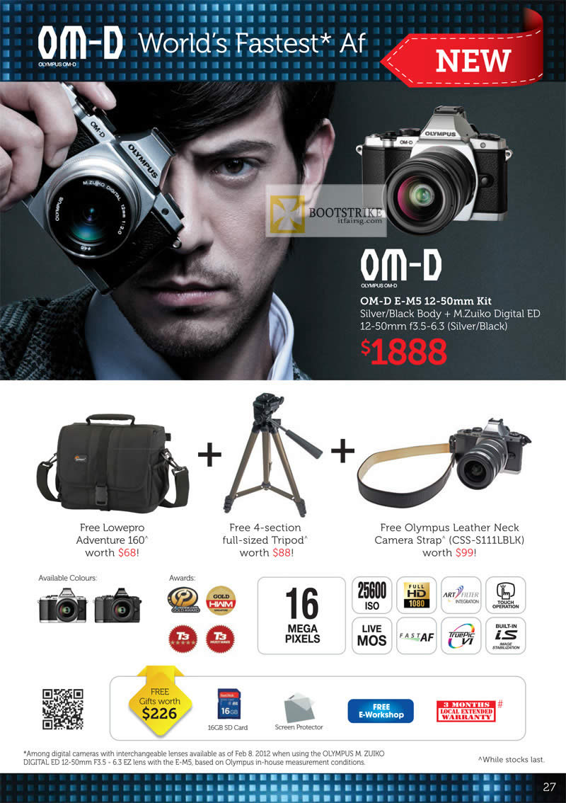 COMEX 2012 price list image brochure of Olympus Digital Camera OM-D E-M5 World's Fastest AF Tripod, Leather Neck, Camera Strap