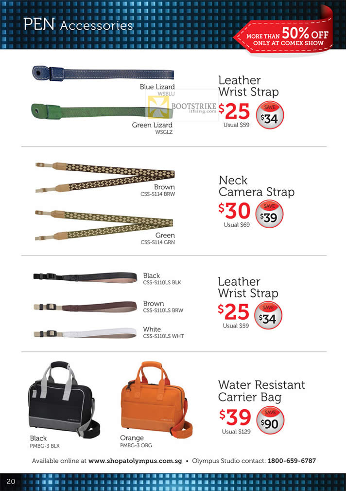 COMEX 2012 price list image brochure of Olympus Digital Camera Pen Accessories Camera Strap, Leather, Neck, Wrist, Water Resistant Carrier Bag