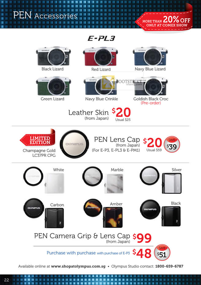 COMEX 2012 price list image brochure of Olympus Digital Camera Pen Accessories Pen Lens Cap, E-PL3, Camera Grip, Lens Cap