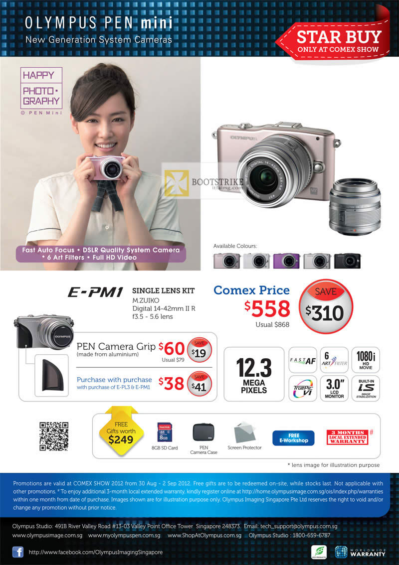 COMEX 2012 price list image brochure of Olympus Digital Camera Pen Mini E-PM1 Single Lens Kit Pen Camera Grip