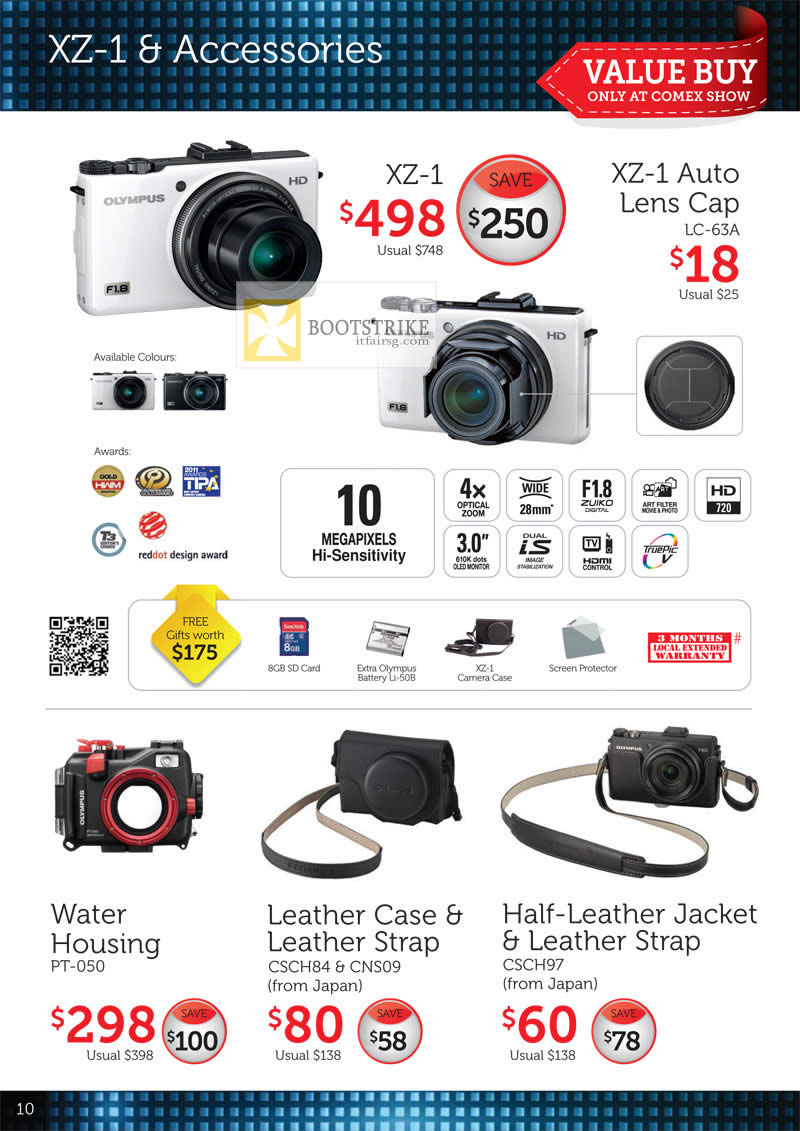 COMEX 2012 price list image brochure of Olympus Digital Camera XZ-1, XZ-1 Auto Lens Cap, Water Housing PT-050, Leather Case, Strap, CSCH84, CN509, CSCH97