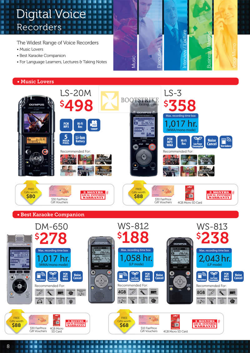 COMEX 2012 price list image brochure of Olympus Digital Voice Recorders LS-20M, LS-3, WS-813, WS-812, DM-650