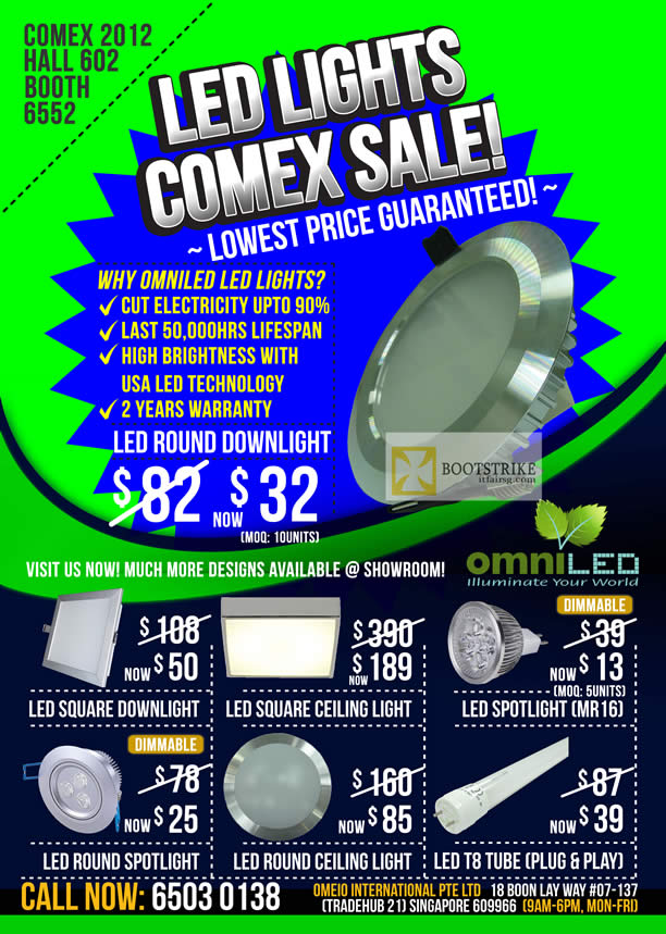 COMEX 2012 price list image brochure of Omeio LED Lights Features, Downlight, Ceiling Light, Spotlight MR16, T8 Tube