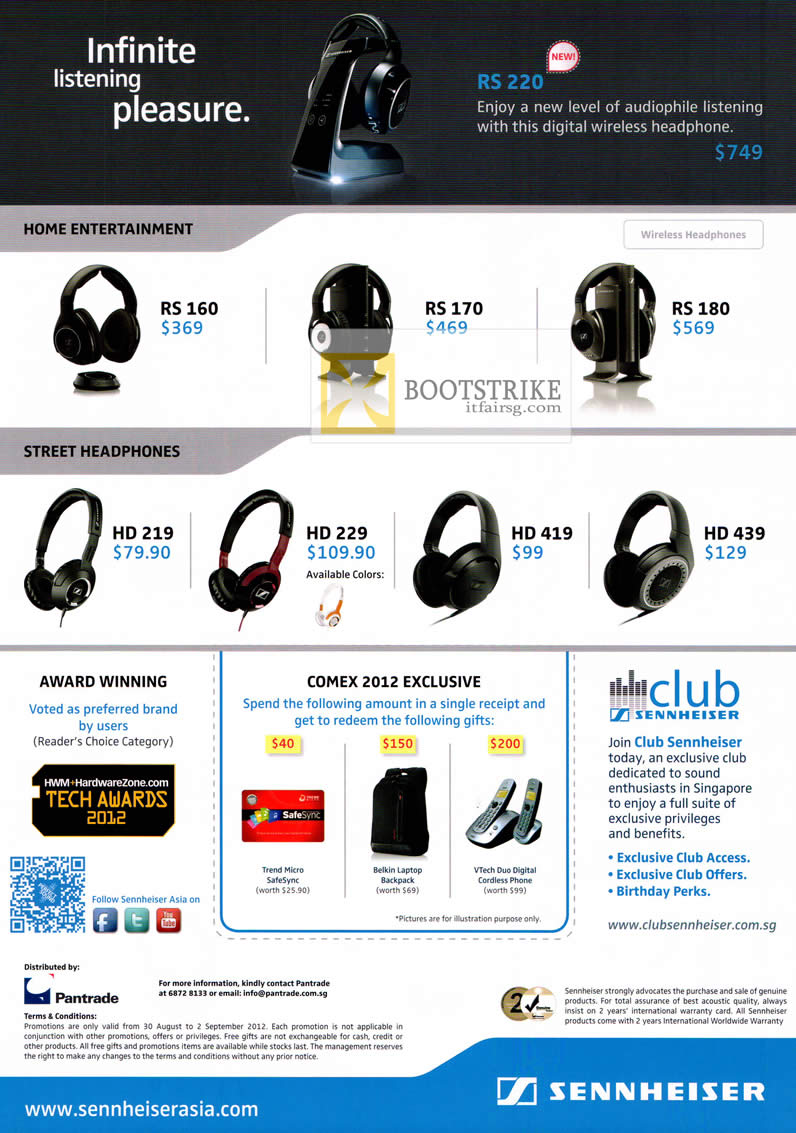 COMEX 2012 price list image brochure of Pantrade Sennheiser Headphones RS 220 160 170 180, HD 219 229 419 439