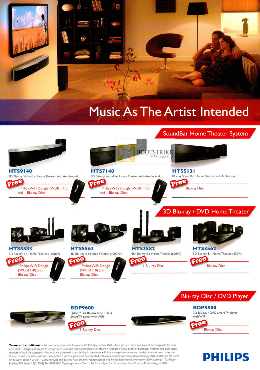 COMEX 2012 price list image brochure of Philips Home Theatre Systems Soundbar, 3D Blu Ray DVD, DVD Player