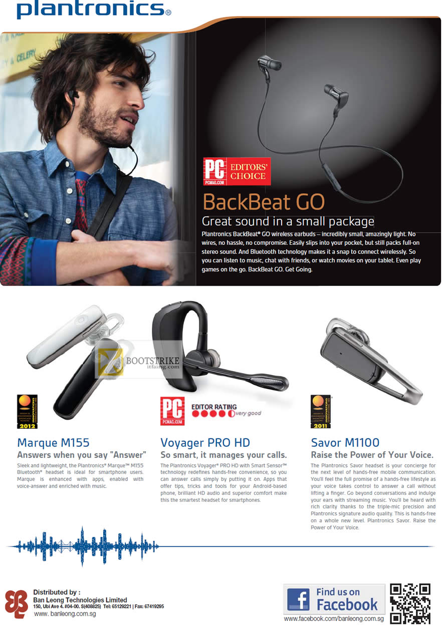 COMEX 2012 price list image brochure of Plantronics Backbeat Go Bluetooth Headset, Marque M155, Voyager Pro HD, Savor M1100