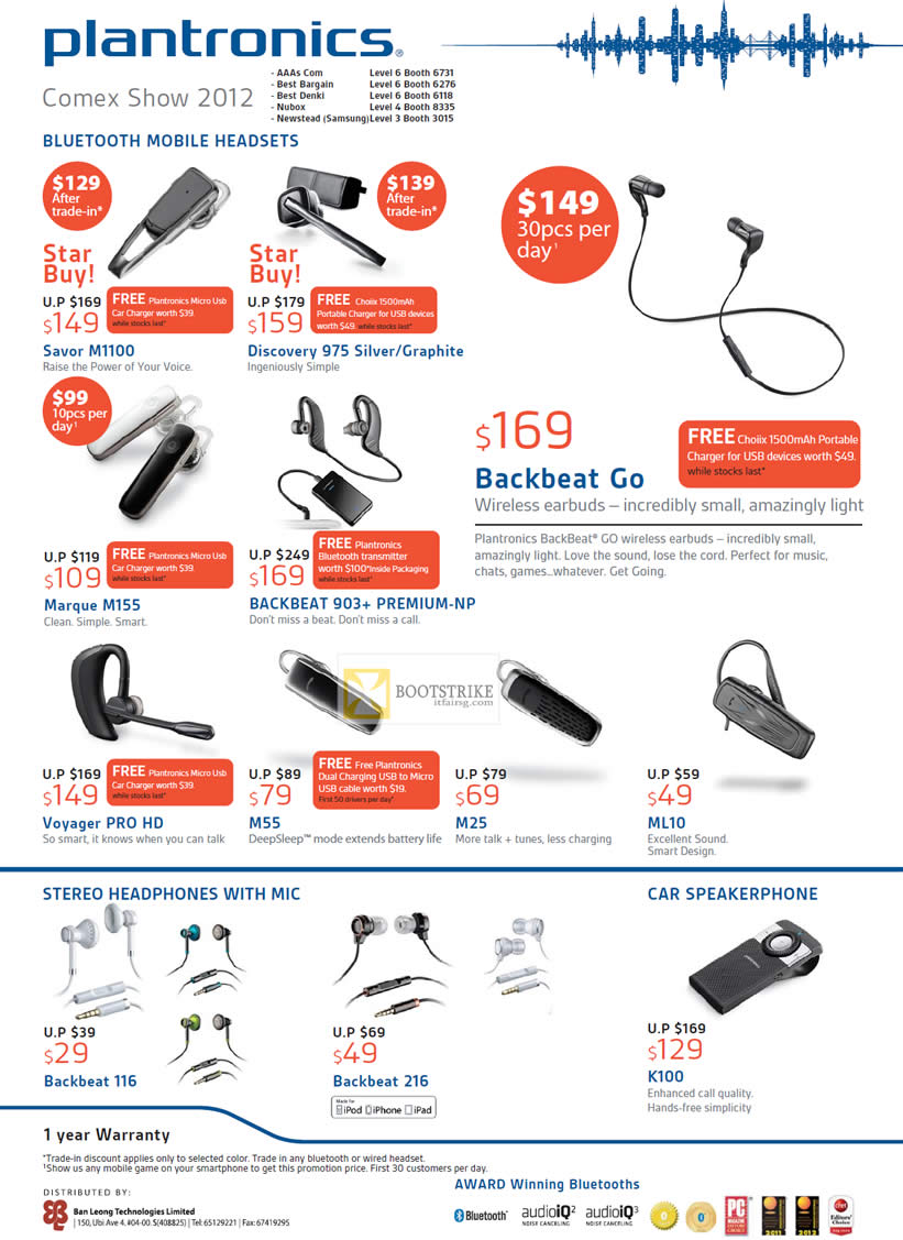 COMEX 2012 price list image brochure of Plantronics Bluetooth Headsets Savor M1100, Discovery 975, Backbeat Go, Marque M155, 903, Voyager Pro HD, M55, M25, ML10, 116, 216, K100