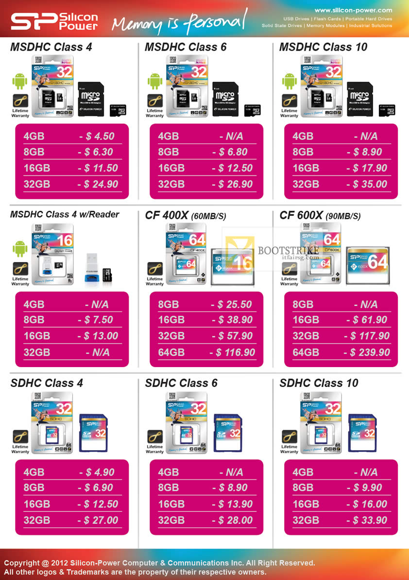 COMEX 2012 price list image brochure of Powermatic Silicon Power Memory Cards MSDHC, CompactFlash CF, SDHC