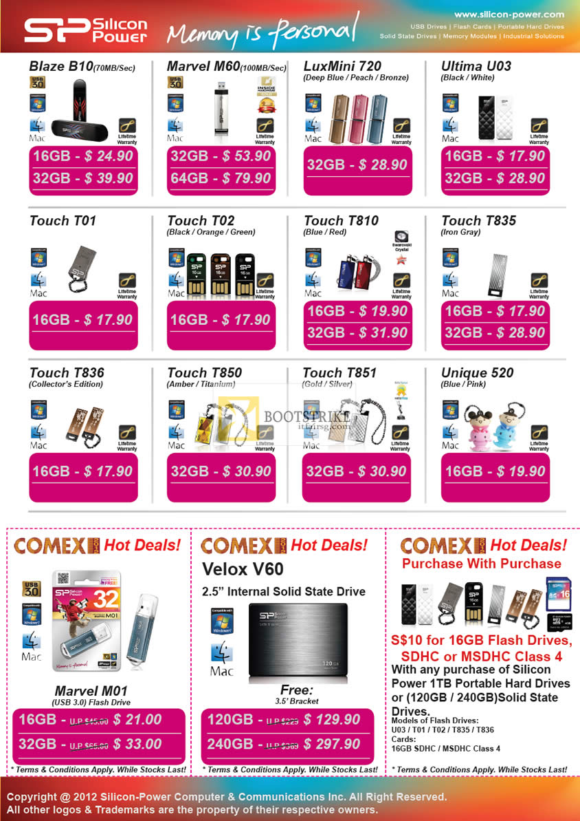 COMEX 2012 price list image brochure of Powermatic Silicon Power USB Flash Blaze B10, Marvel M60, LuxMini 720, Ultima U03, Touch T01, T02, T810, T835, T836, T850, T851, Unique 520, Marvel 1010, Velox V60 SSD