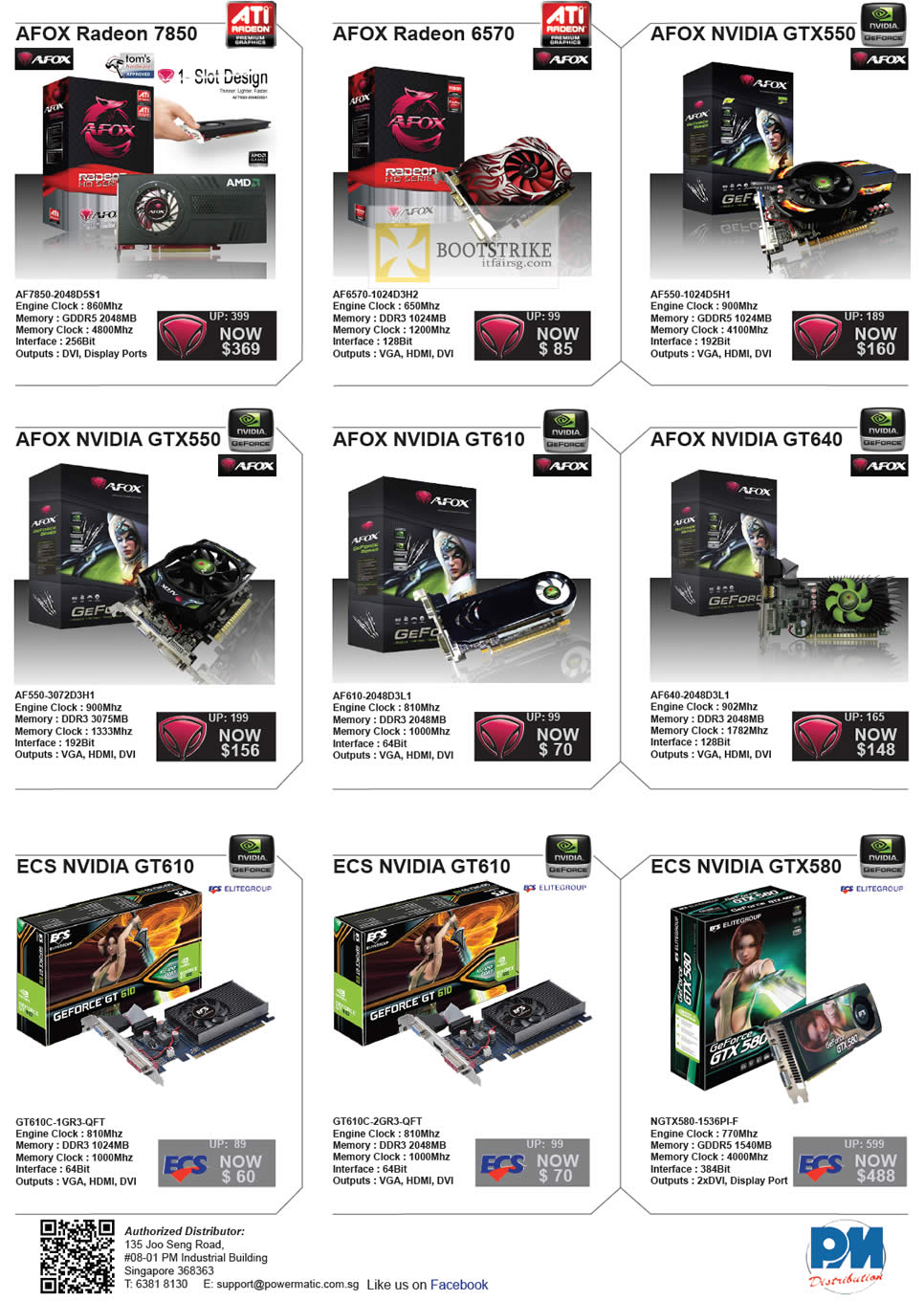 COMEX 2012 price list image brochure of Powermatic Video Graphic Cards Afox Radeos 7850, 6570, Nvidia GTX550, GT610, GT640, ECS GT610, GTX580