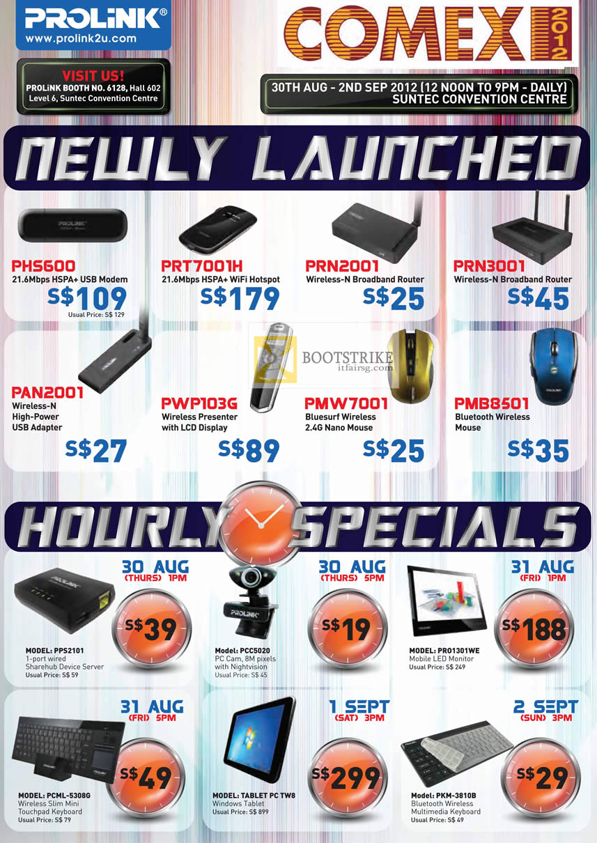COMEX 2012 price list image brochure of Prolink Accessories HSPA USB Modem, Router, Wireless Presenter, Adapter, Bluesurf Mouse, Webcam, TW8 Tablet, PRO1301WE LED Monitor, Keyboard