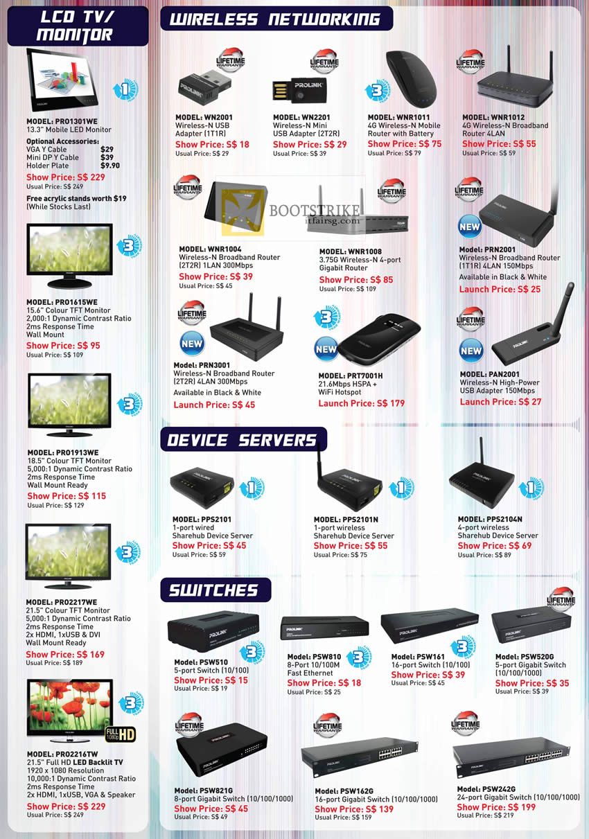 COMEX 2012 price list image brochure of Prolink LCD TV, Monitors, Wireless Adapters, Routers, Device Servers, Switch