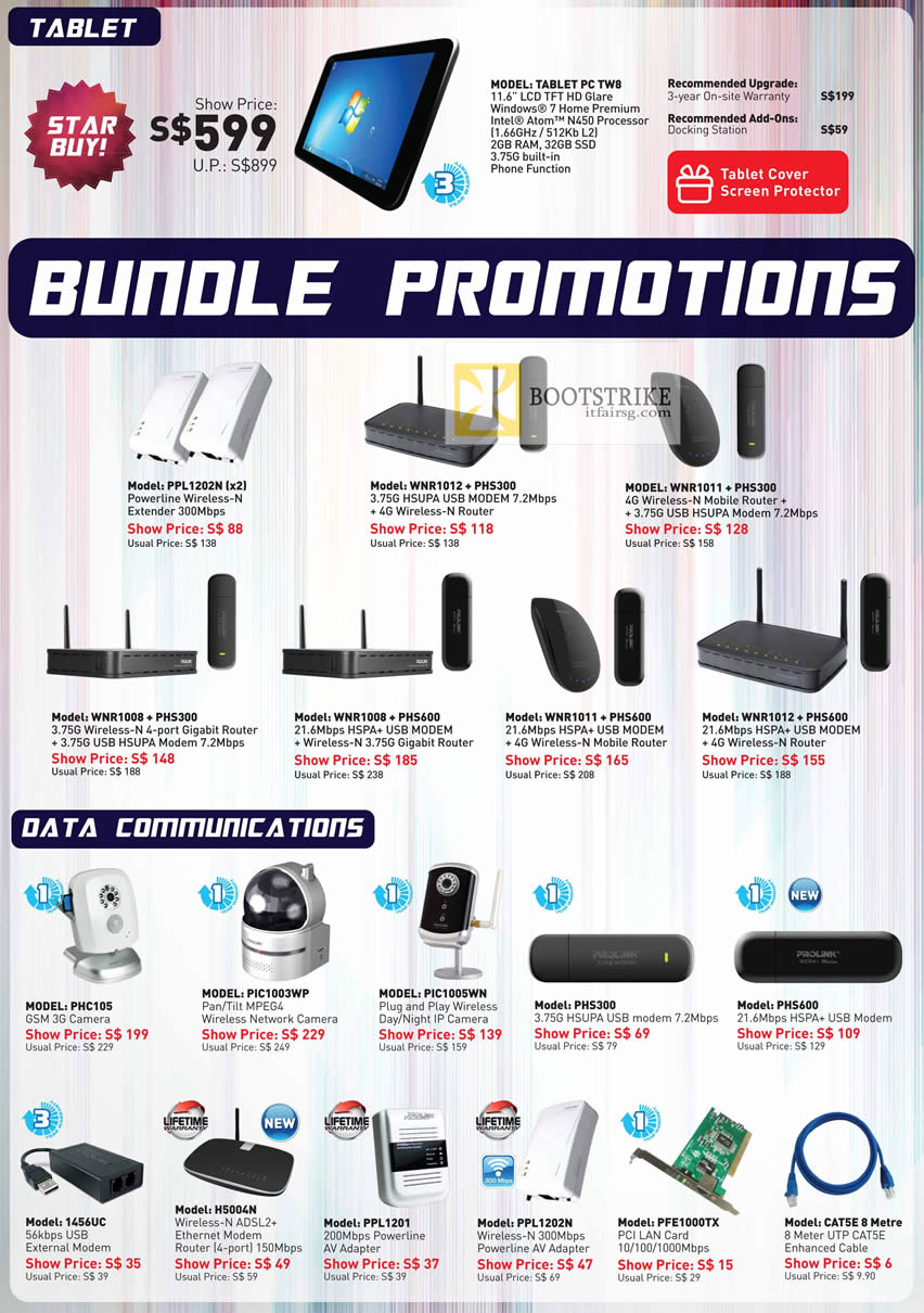 COMEX 2012 price list image brochure of Prolink Tablet PC TW8, Bundles, Powerline Wireless Extender, IPCam, USB Modem, Powerline AV Adapter, PCI LAN Card, Cable