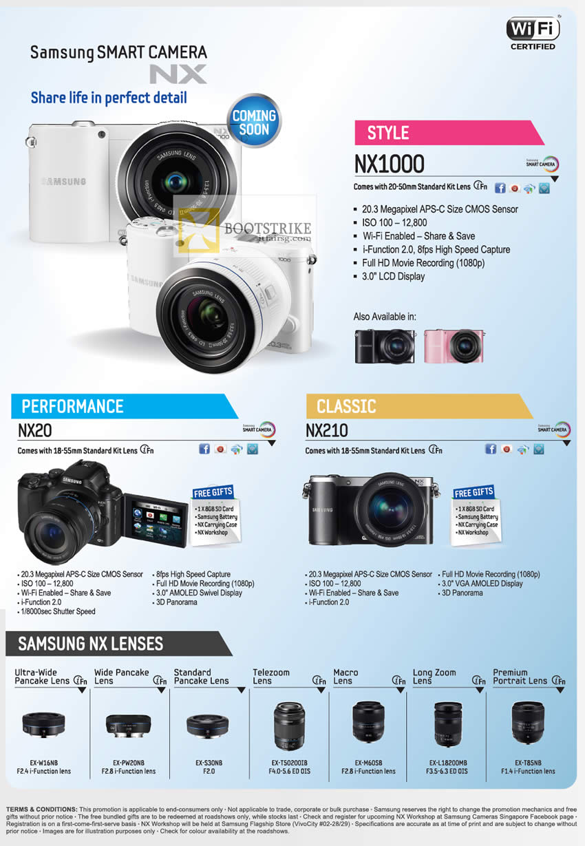 COMEX 2012 price list image brochure of Samsung Digital Cameras NX1000, NX210, NX20
