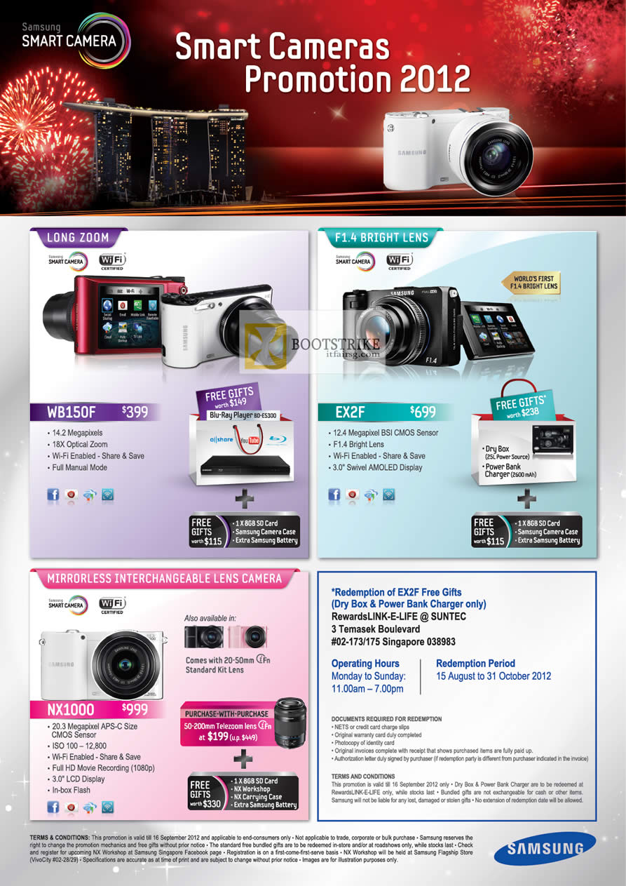 COMEX 2012 price list image brochure of Samsung Digital Cameras WB150F, NX1000, EX2F