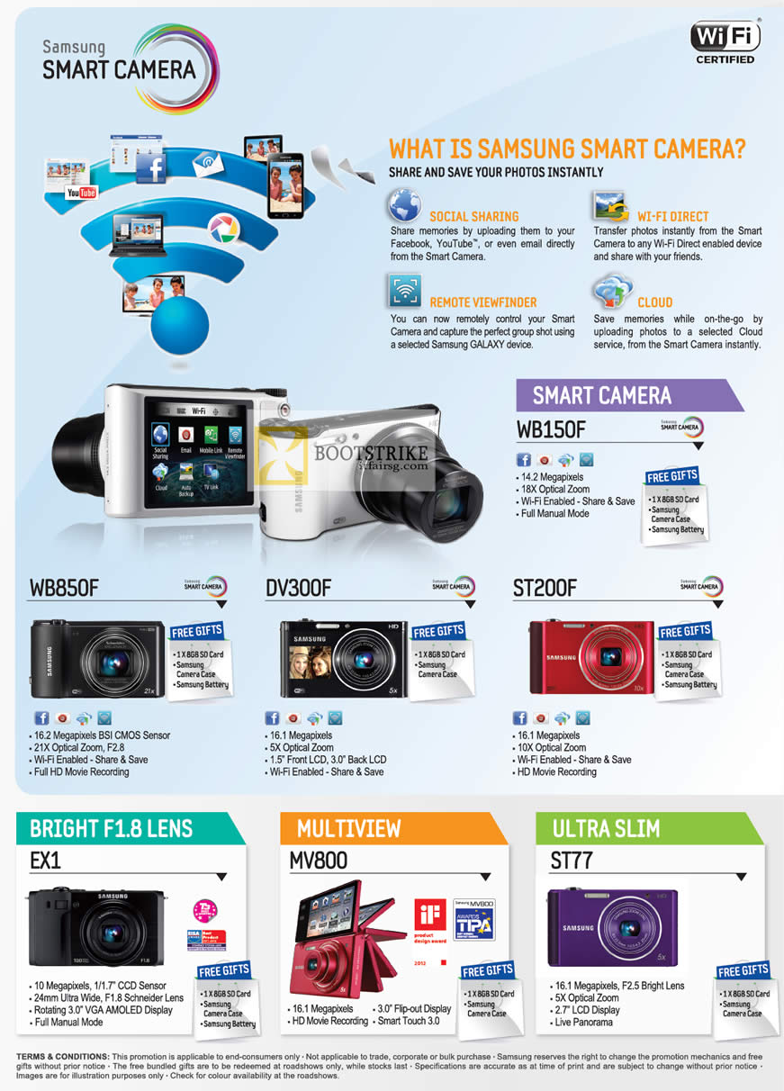 COMEX 2012 price list image brochure of Samsung Digital Cameras WB150F, WB850F, DV300F, ST200F, EX1, MV800, ST77