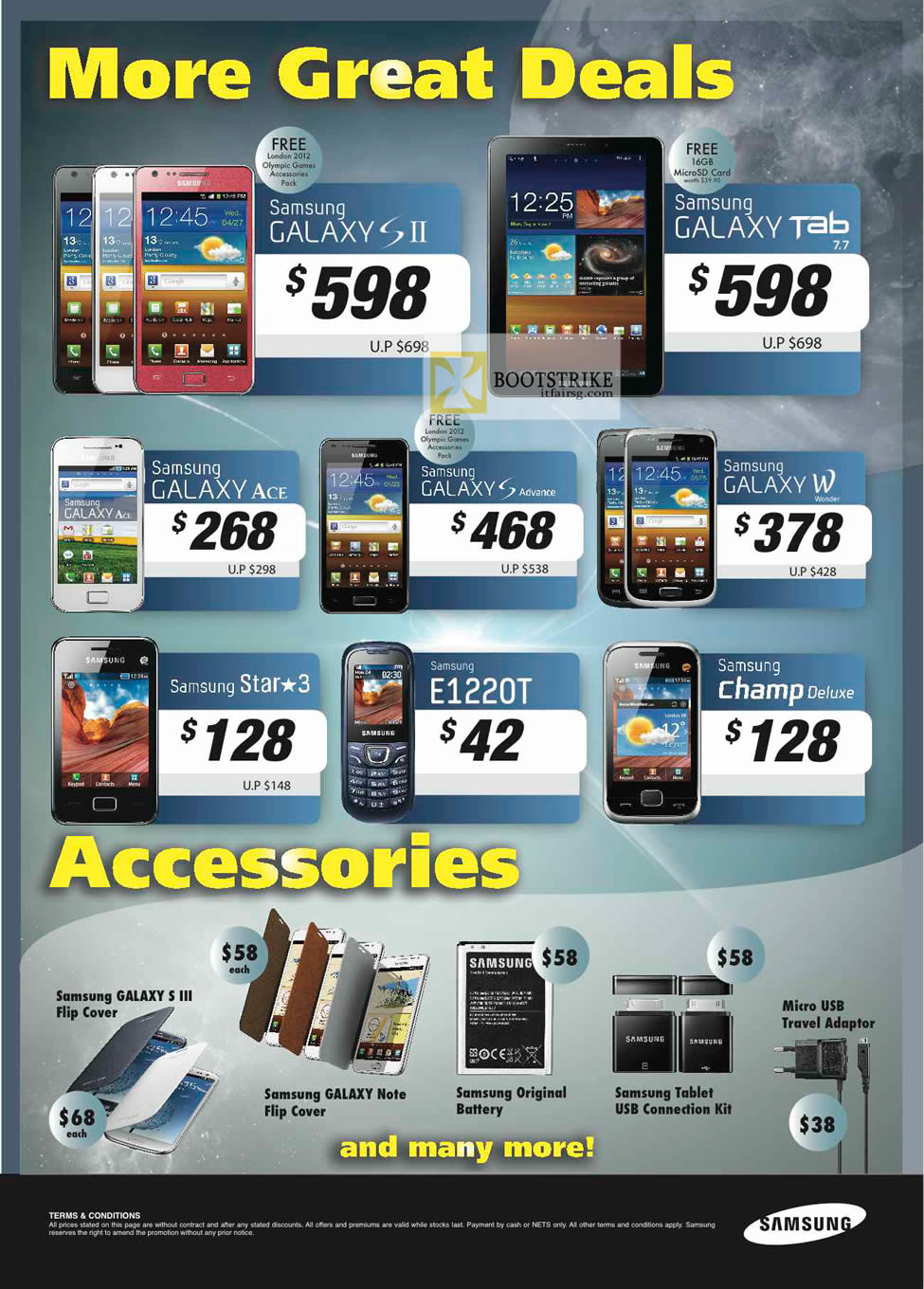 COMEX 2012 price list image brochure of Samsung Mobile Phones Galaxy S II, Tab 7.7, Ace, S Advance, W, Star 3, E1220T, Champ Deluxe, Accessories