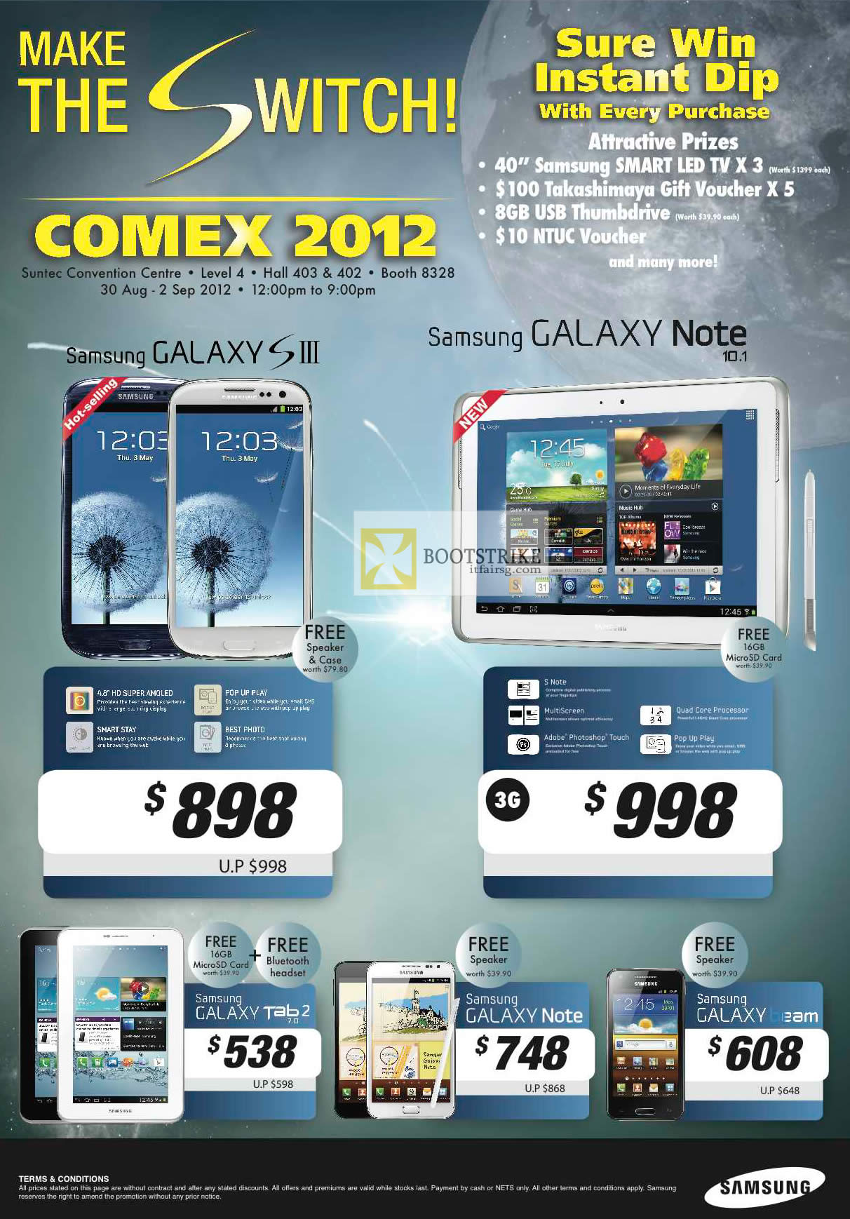 COMEX 2012 price list image brochure of Samsung Mobile Phones Galaxy S III, Note 10.1, Tab 2 7.0, Note, Beam