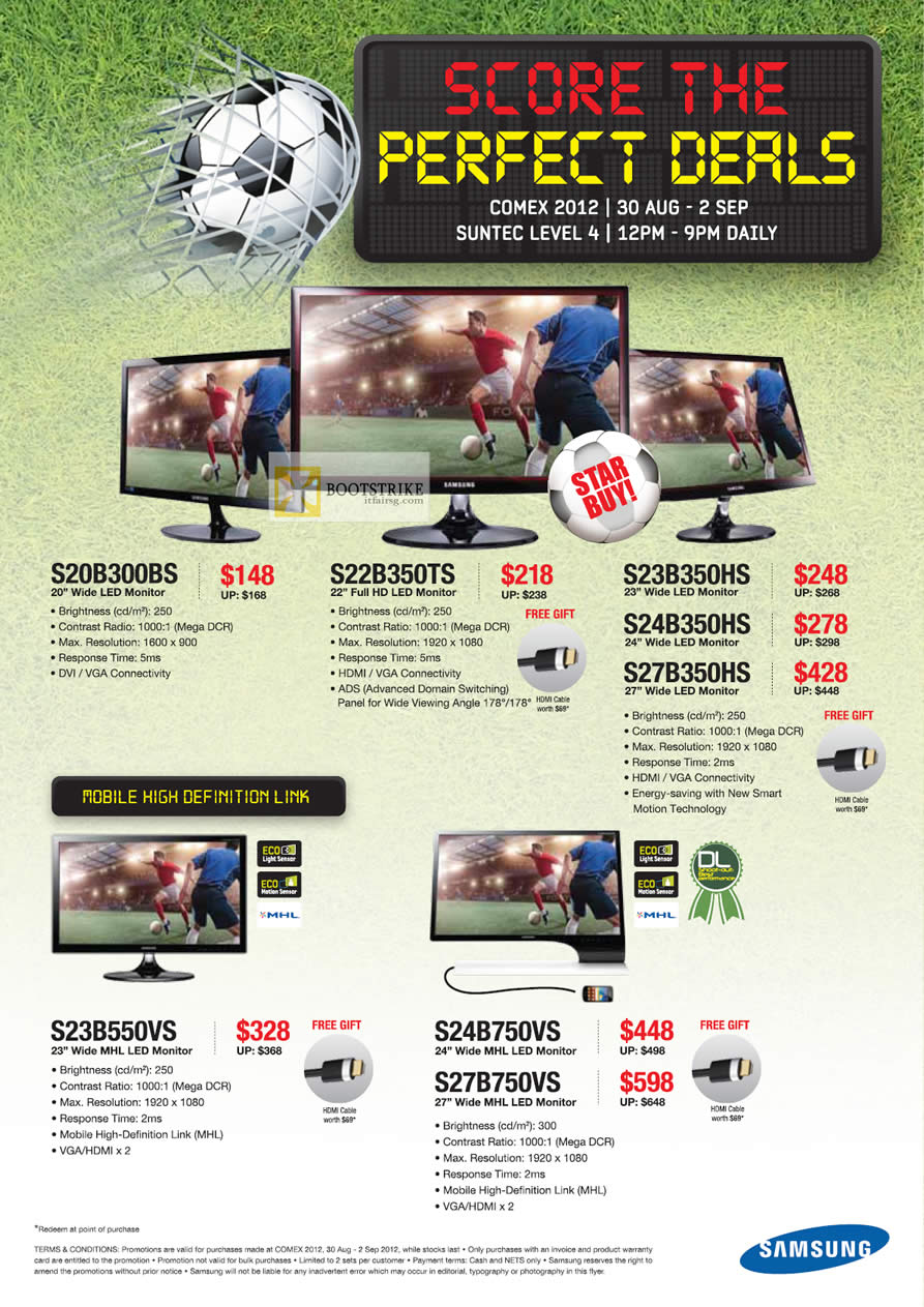 COMEX 2012 price list image brochure of Samsung Monitors LED S20B300BS, S22B350TS, S23B350HS, S24B350HS, S27B350HS, S23B550VS, S24B750VS, S27B750VS
