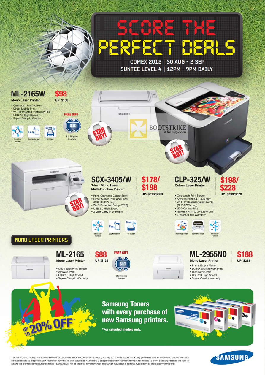 COMEX 2012 price list image brochure of Samsung Printers Laser ML-2165W, SCX-3405 W, CLP-325 W, ML-2165, ML-2955ND