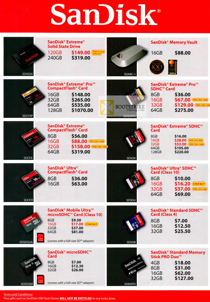 COMEX 2012 price list image brochure of Sandisk Flash Memory Cards Extreme SSD, Vault, Extreme Pro CompactFlash, SDHC, Ultra, Mobile, Stick Pro Duo