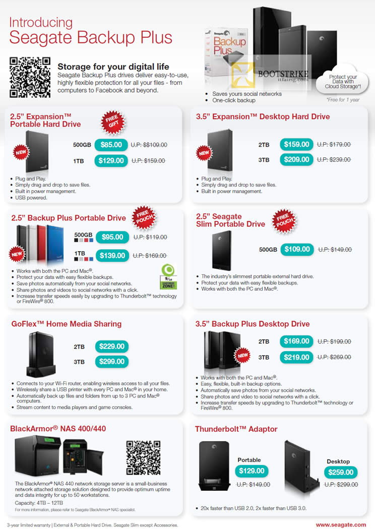 COMEX 2012 price list image brochure of Seagate External Storage Expansion, Backup Plus, Slim Portable Drive, GoFlex Home Media Sharing, BlackArmor NAS 400 440, Thunderbolt Adapter