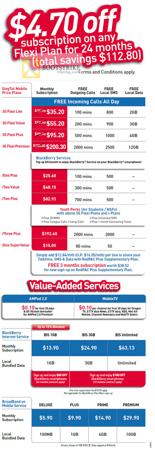 COMEX 2012 price list image brochure of Singtel 4.70 Off Subscription On Any Flexi Plan, 3G Flexi, IOne, ITwo Plus, IThree, AMPed, Blackberry Internet Service