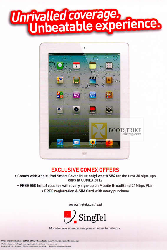 COMEX 2012 price list image brochure of Singtel Apple IPad Tablet, Smart Covers, Free Hello Voucher, Registration, SIM Card
