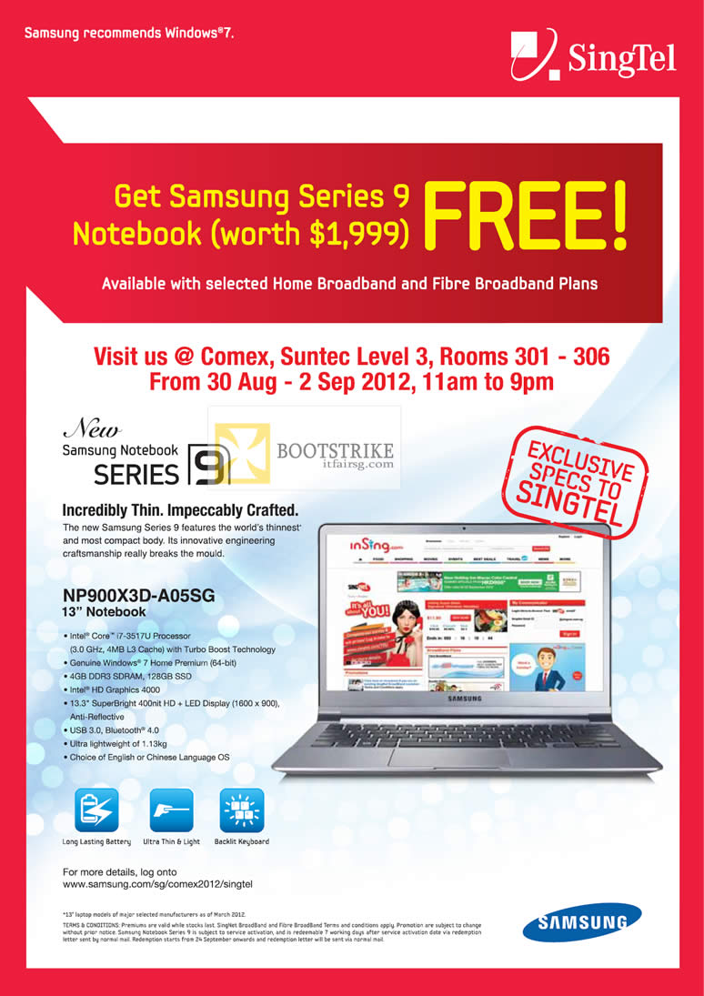 COMEX 2012 price list image brochure of Singtel Broadband Free Samsung Notebook Specifications NP900X3D-A05SG