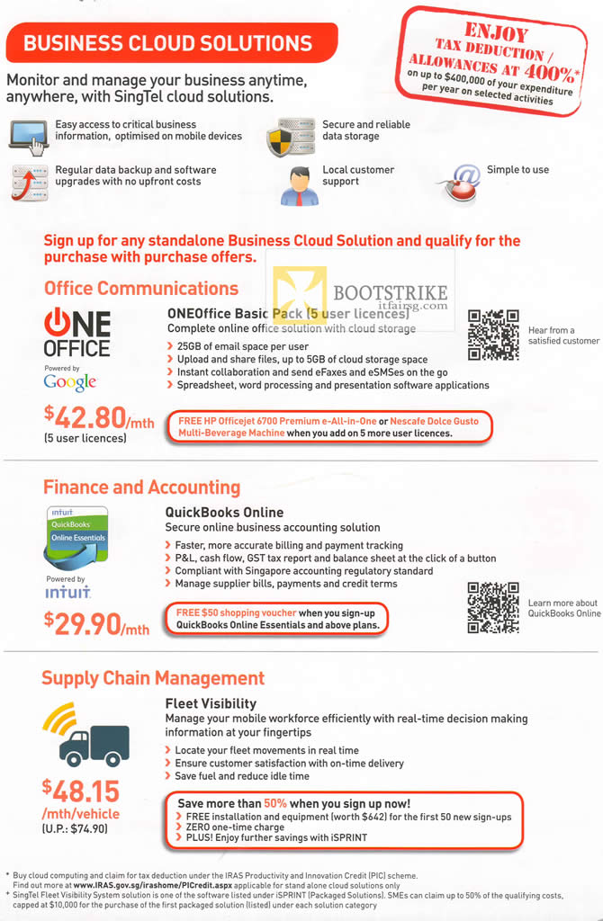 COMEX 2012 price list image brochure of Singtel Business Cloud Solutions, OneOffice, Quickbooks Online, Fleet Visibility