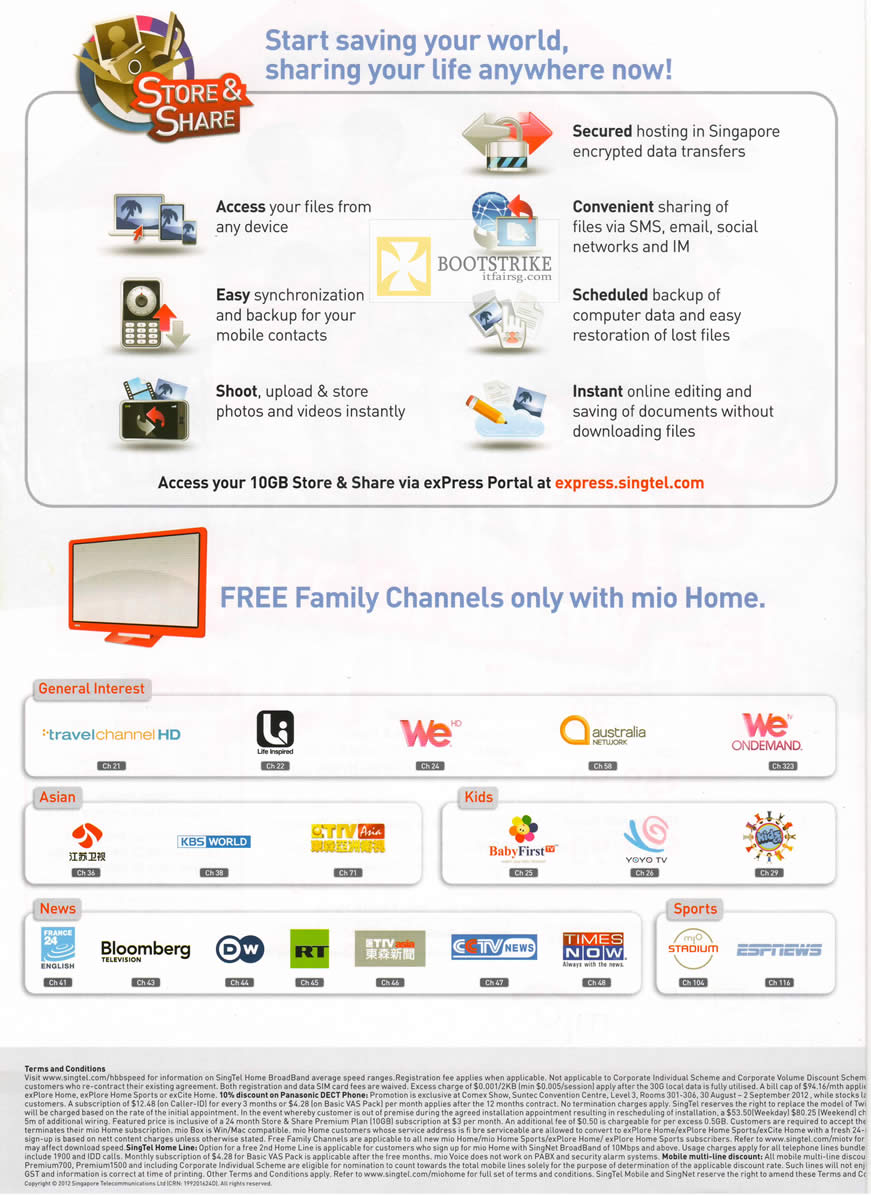 COMEX 2012 price list image brochure of Singtel Mio TV Channels, Store And Share Features, Family, Asian, News, Kids, Sports
