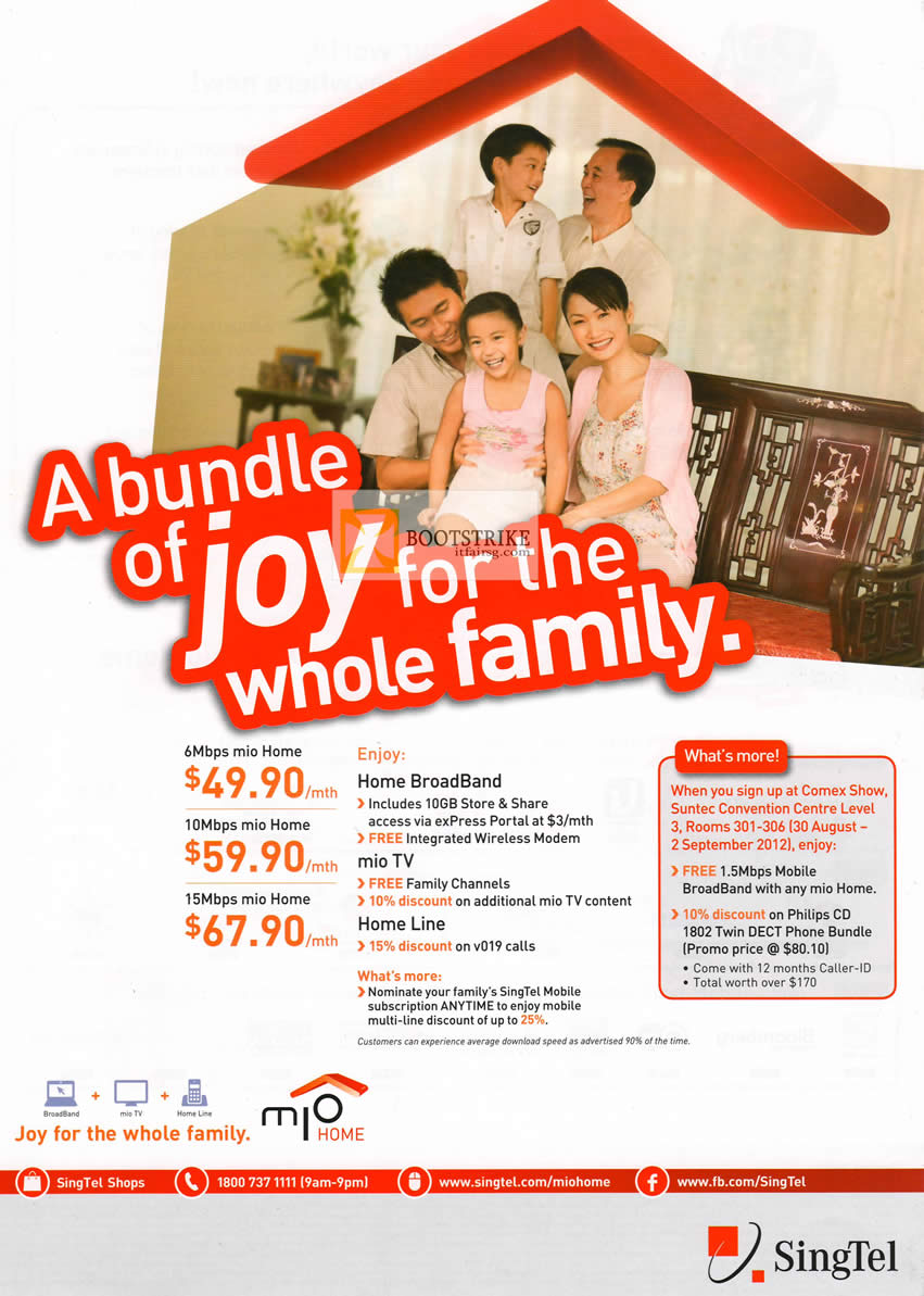 COMEX 2012 price list image brochure of Singtel Mio TV Home, ADSL Broadband, Home Fixed Line 6Mbps, 10Mbps, 15Mbps