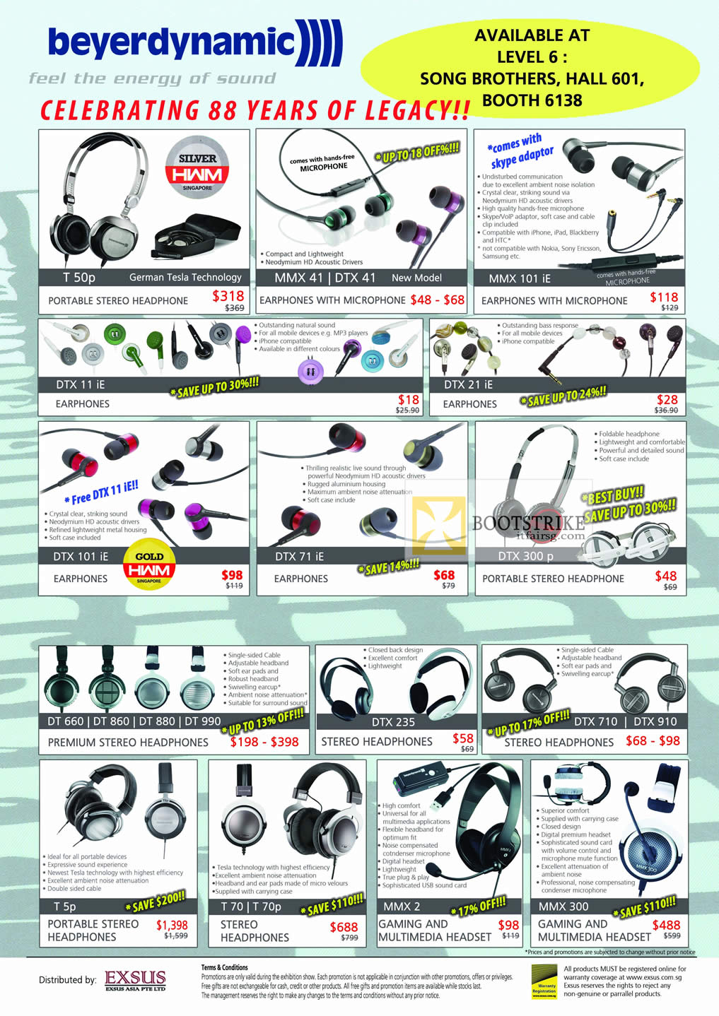 COMEX 2012 price list image brochure of Song Brothers Beyer Dynamic Headphones T50p, MMX 41, 101iE, DTX 41, 101 IE, 71 IE, DTX 235, 710, 910, DT660, DT860, DT880, DT990, T 5p, T70, T70p, MMX 2, 300