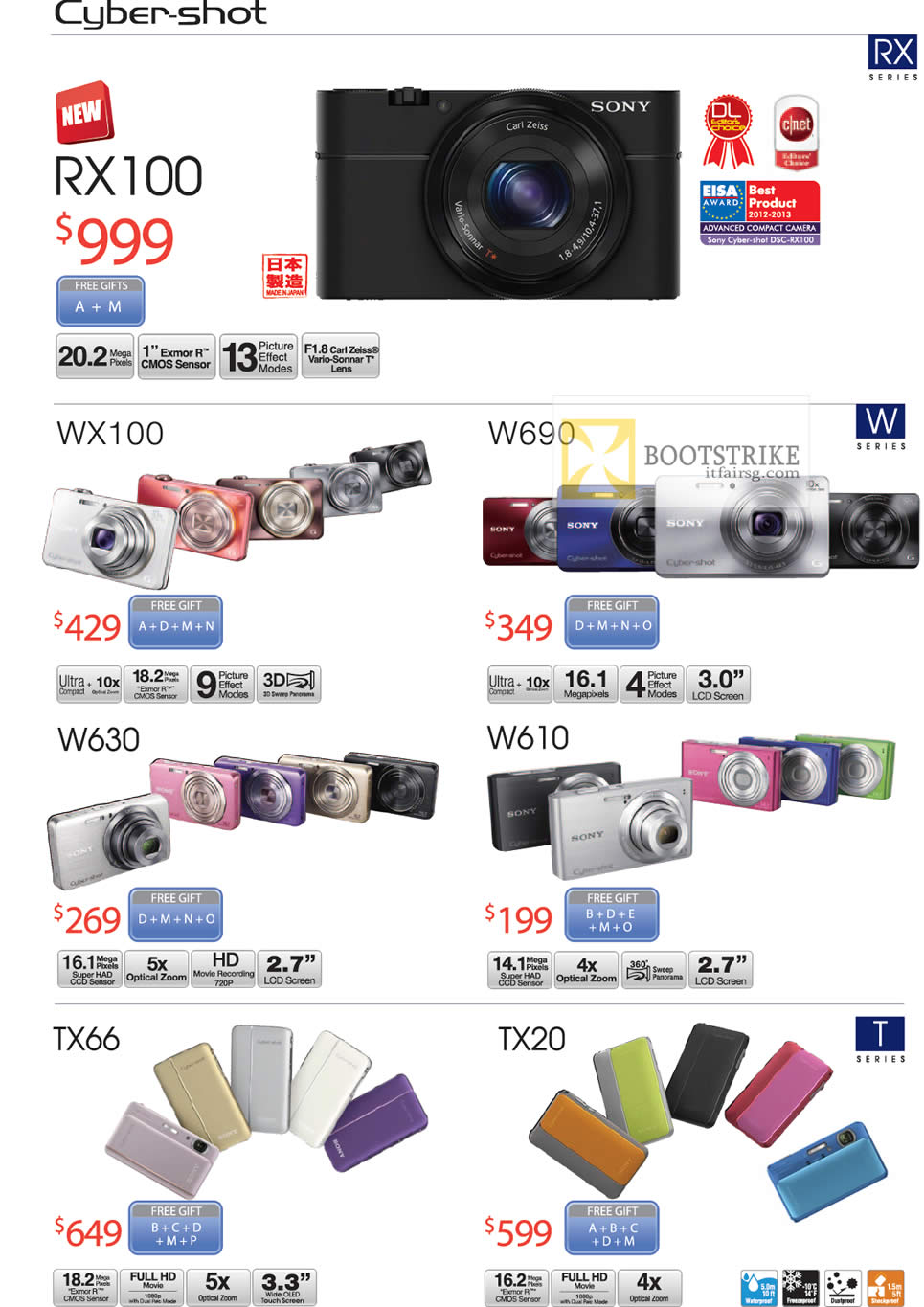 COMEX 2012 price list image brochure of Sony Cybershot Digital Cameras DSC RX100, WX100, W690, W610, W630, TX20, TX66
