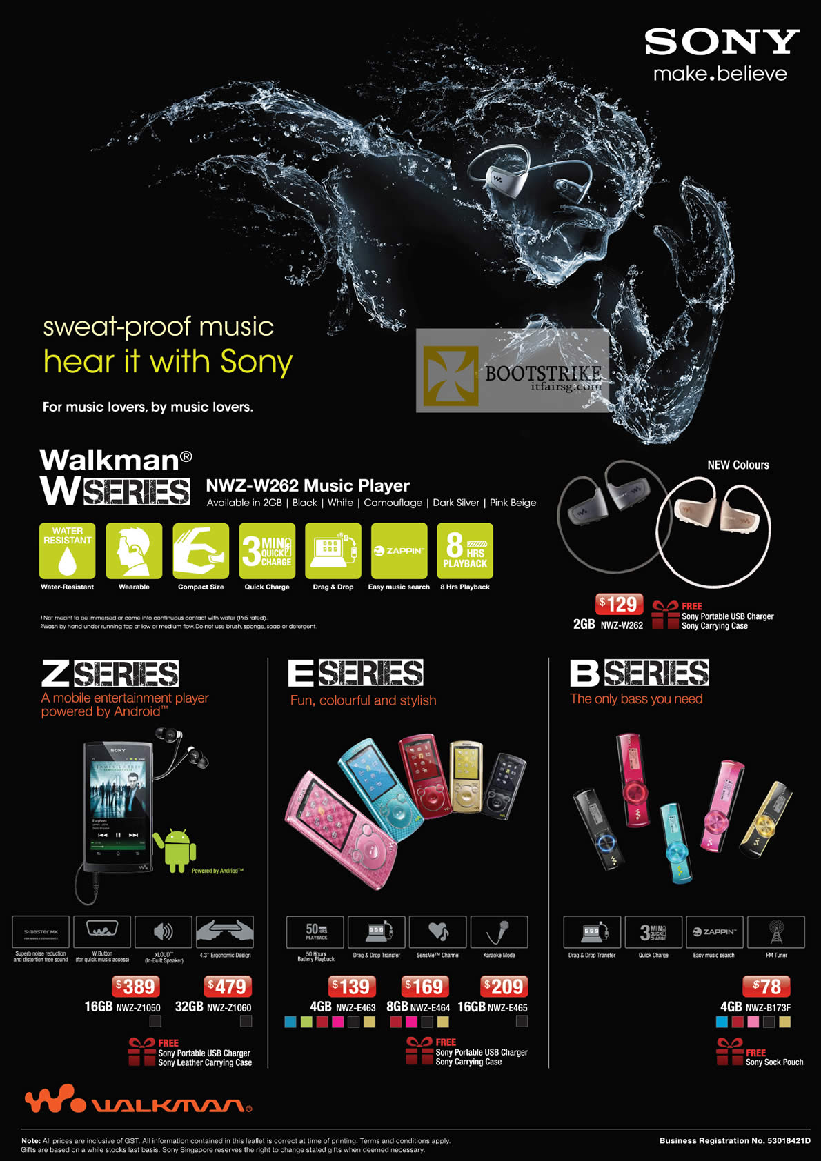 COMEX 2012 price list image brochure of Sony Walkman W Series NWZ-W262, Z Series NWZ-Z1050, NWZ-Z1060, E Series, NWZ-E463, NWZ-E464, NWZ-E465, B Series NWZ-B173F