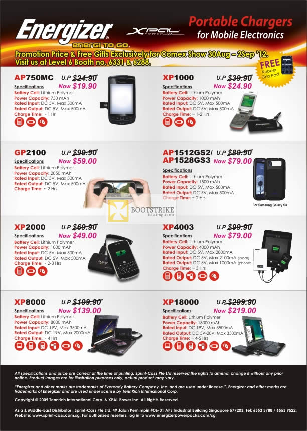 COMEX 2012 price list image brochure of Sprint-Cass Energizer Battery Chargers AP750MC, XP1000, GP2100, AP1515GS2, AP1528GS3, XP2000, XP4003, XP8000, XP18000