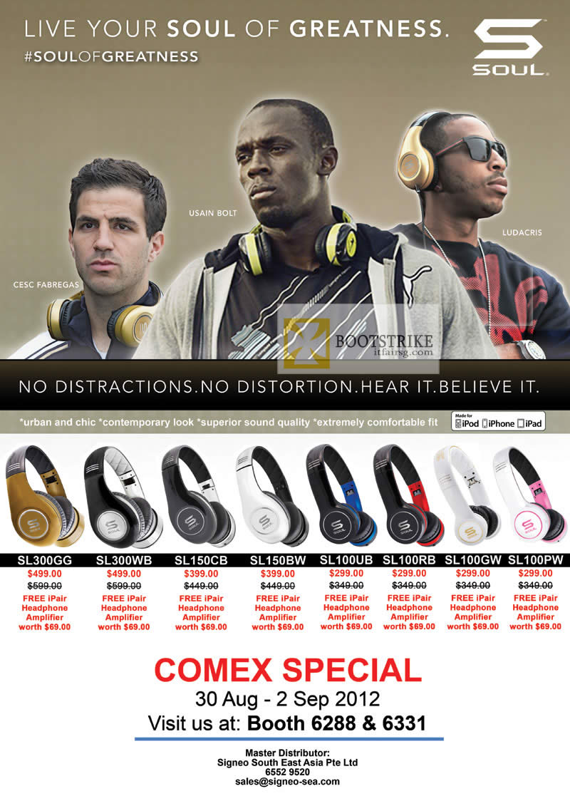 COMEX 2012 price list image brochure of Sprint-Cass Soul Headphones SL300GG, SL300WB, SL150CB, SL150BW, SL100UB, SL100RB, SL100GW, SL100PW