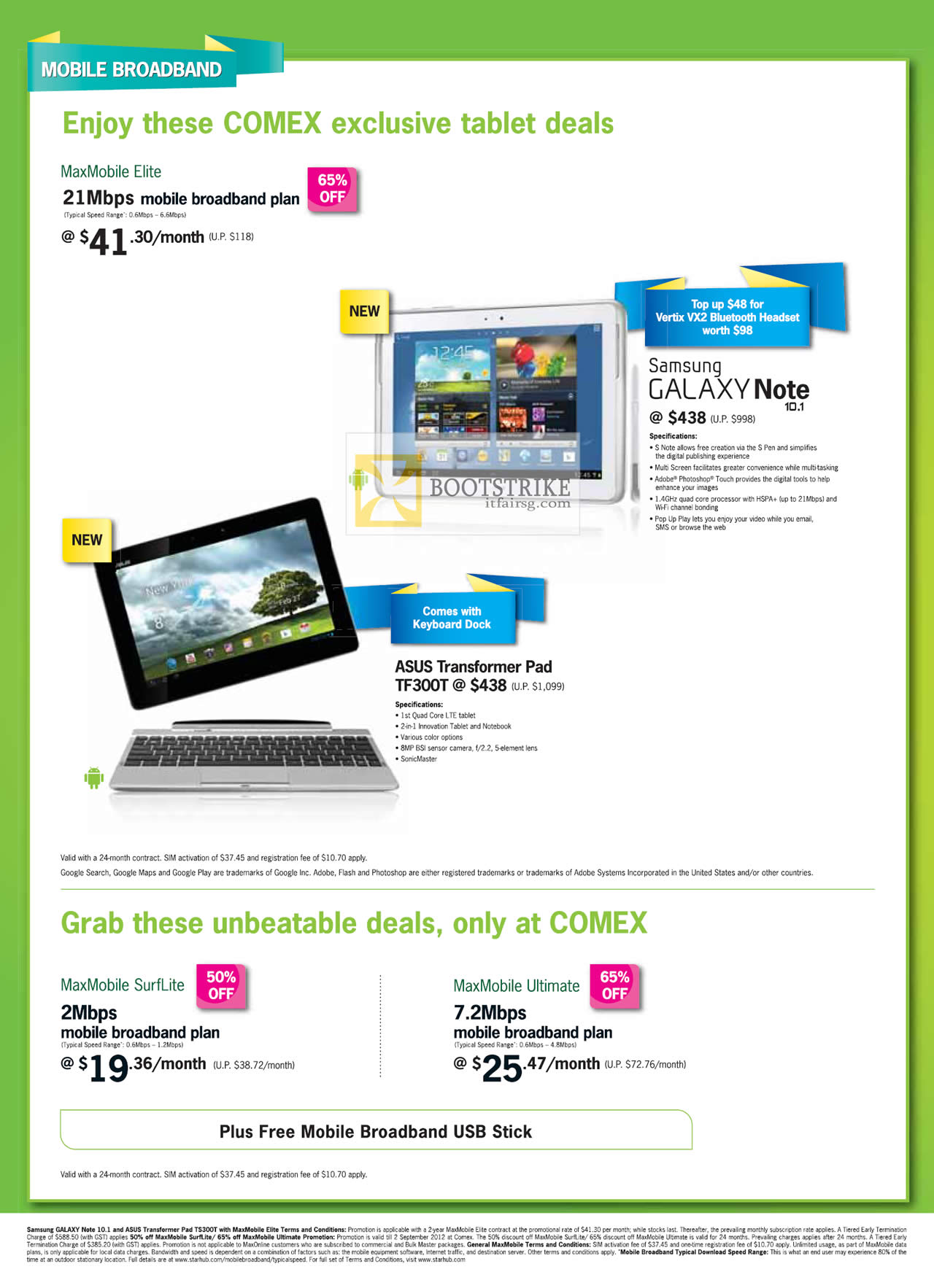 COMEX 2012 price list image brochure of Starhub Mobile Broadband MaxMobile Elite, Samsung Galaxy Note 10.1, ASUS Transformer Pad TF300T Tablet, SurfLite, Ultimate