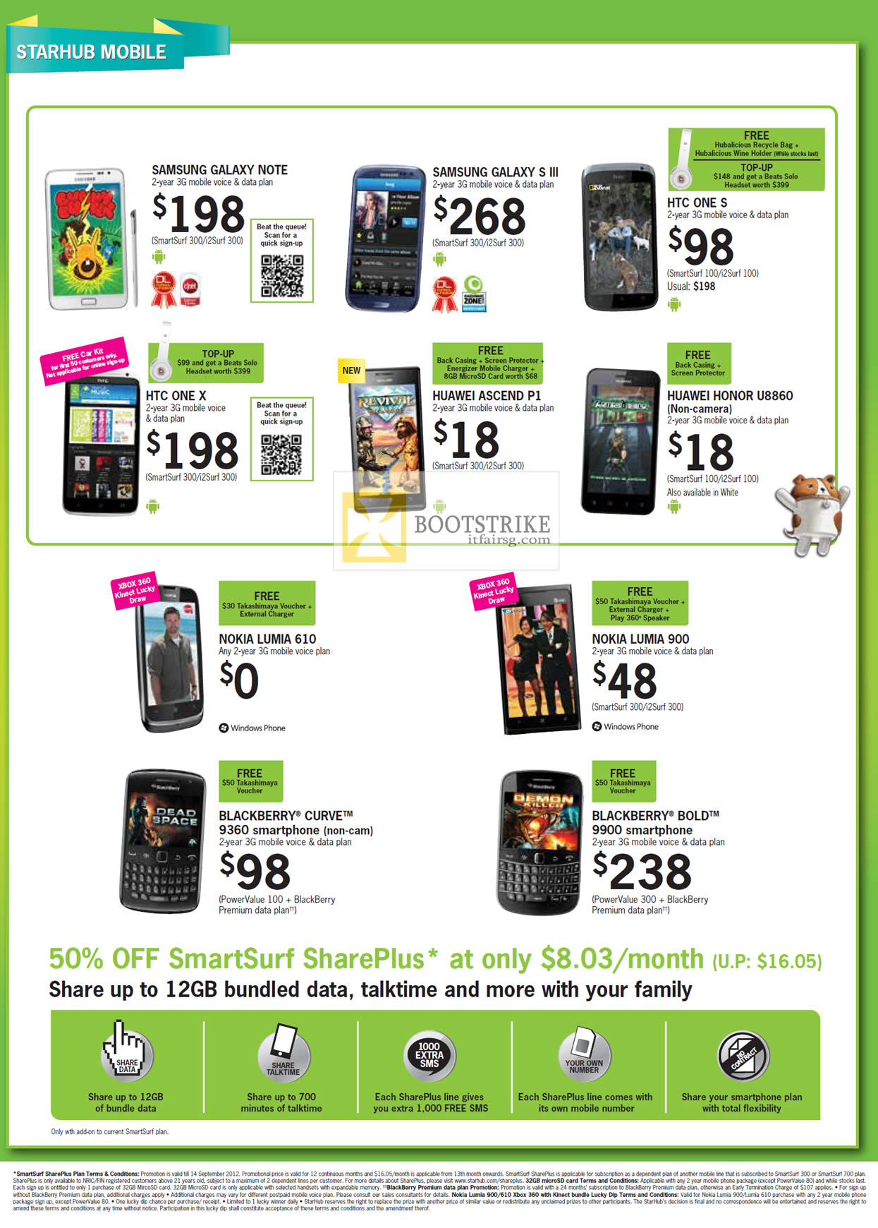 COMEX 2012 price list image brochure of Starhub Samsung Galaxy Note, S III, HTC One S, X, Huawei Ascend P1, Honor U8860, Nokia Lumia 610, 900, Blackberry Curve 9360, Bold 9900