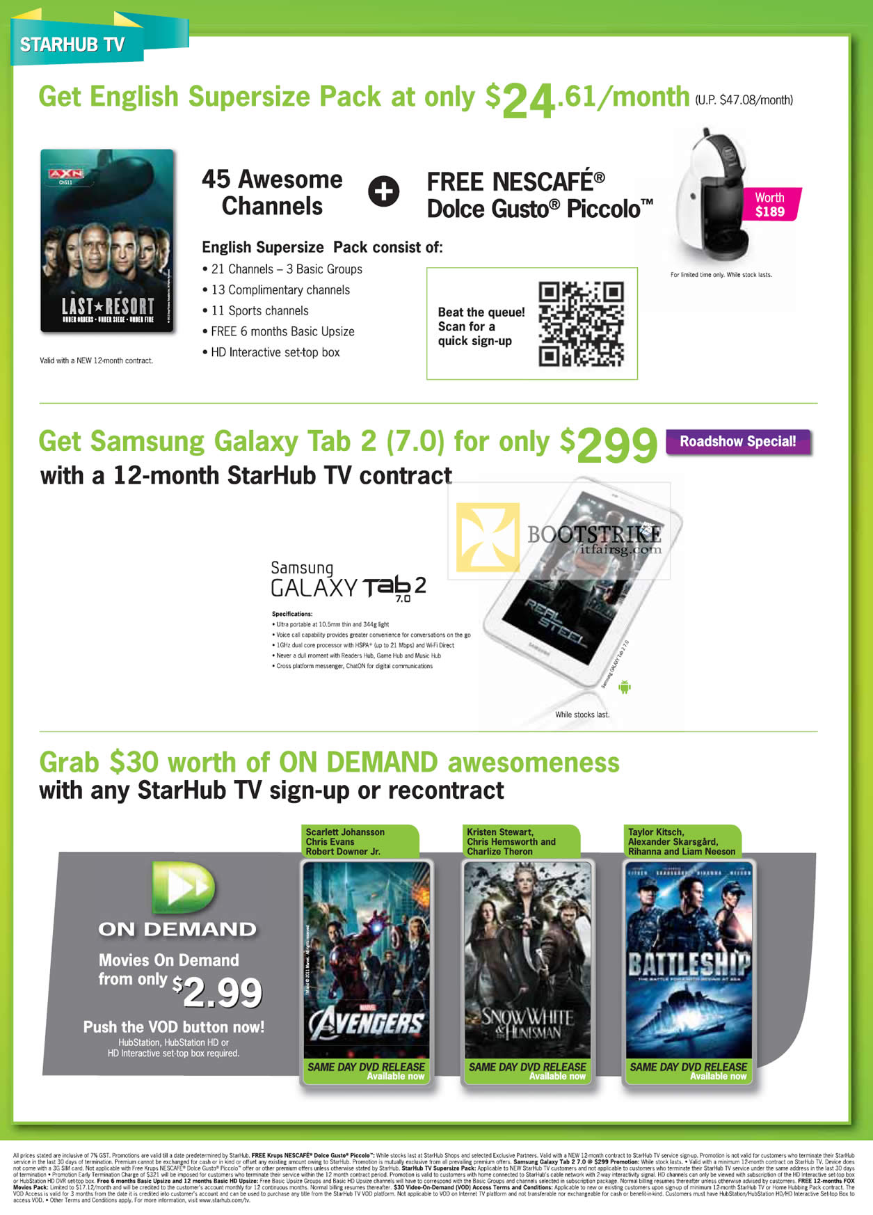 COMEX 2012 price list image brochure of Starhub TV English Supersize Pack, Free Nescafe Dolce Gusto Piccolo, Samsung Galaxy Tab 2 7.0, On Demand