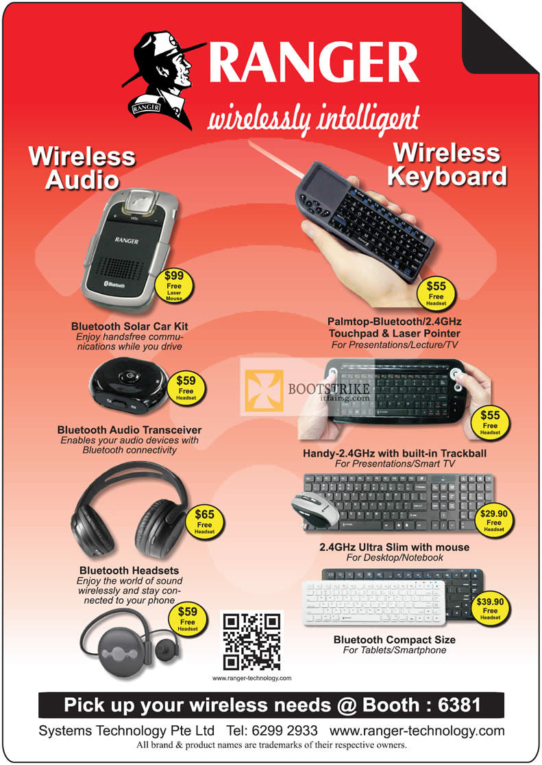 COMEX 2012 price list image brochure of Systems Tech Ranger Wireless Bluetooth Solar Car Kit, Touchpad, Pointer, Keyboard, Mouse, Headset