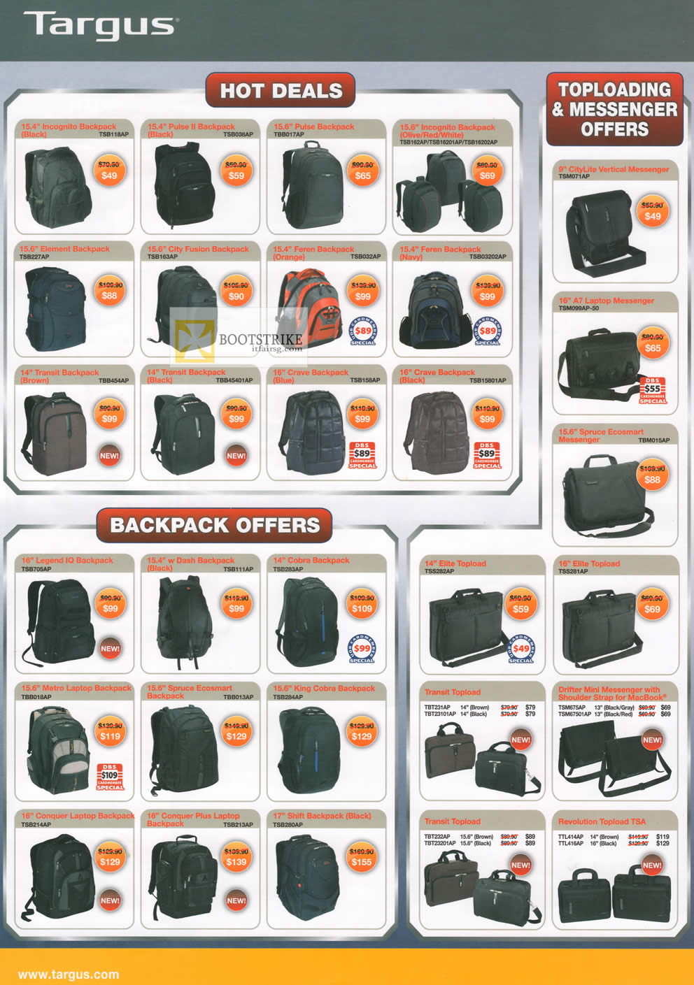COMEX 2012 price list image brochure of Targus Backpacks, Messennger Bags