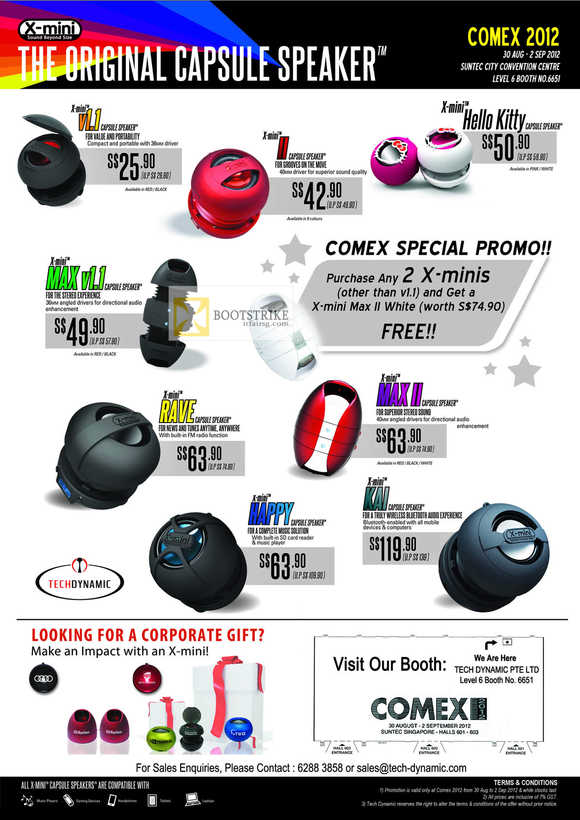 COMEX 2012 price list image brochure of Tech Dynamic X-Mini Capsule Speakers V1.1, II, Hello Kitty, Max V1.1, Rave, Max II, Happy, Kai