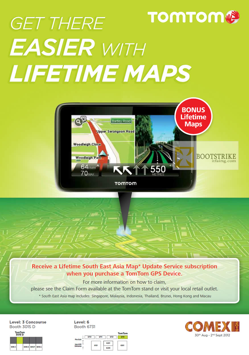COMEX 2012 price list image brochure of TomTom GPS Navigator Free Lifetime South East Asia Map Update Service