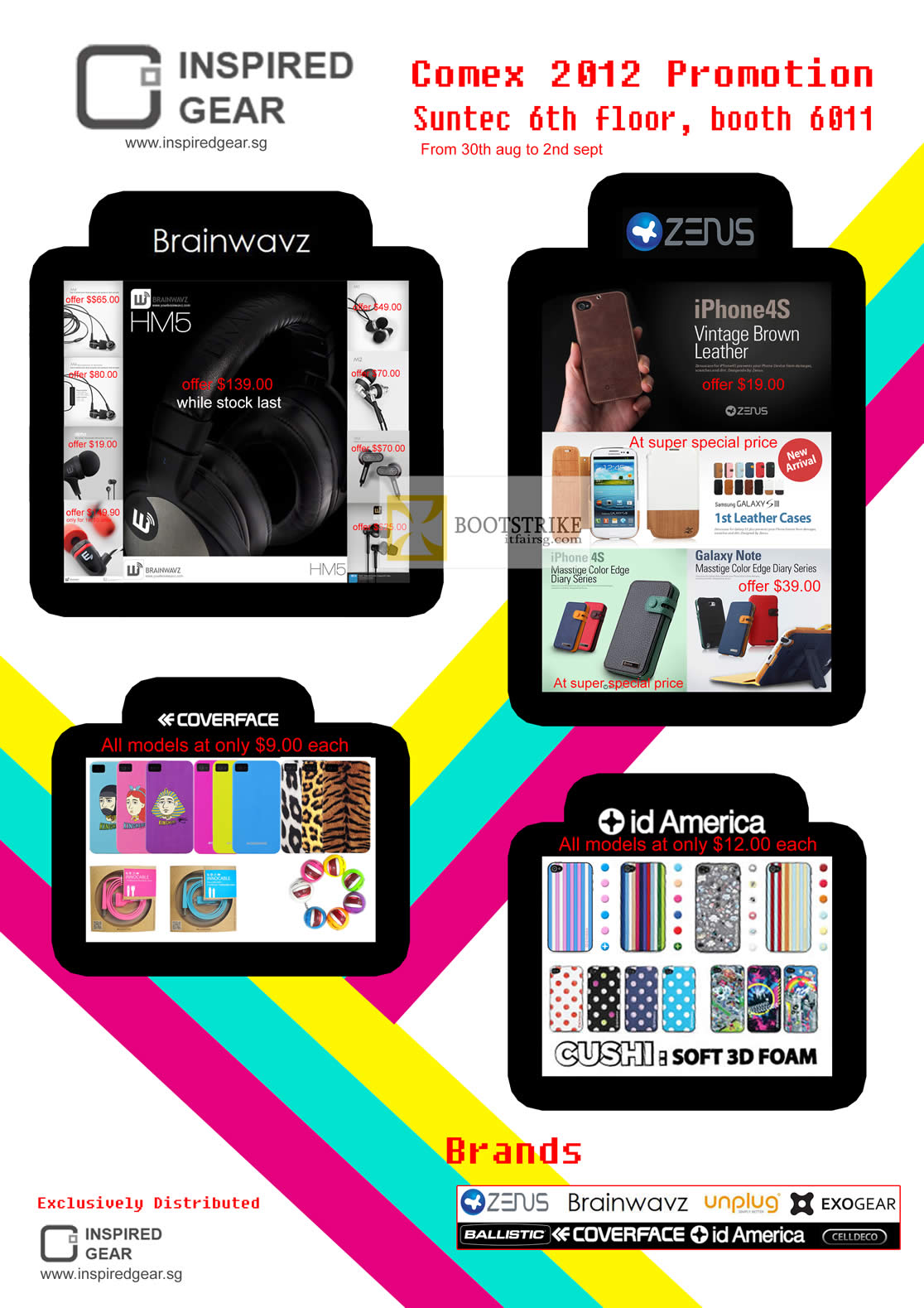 COMEX 2012 price list image brochure of Twister Inspired Gear Branwavz Earphones, Zenus IPhone 4S Samsung Case, Coverface, Id America Cushi