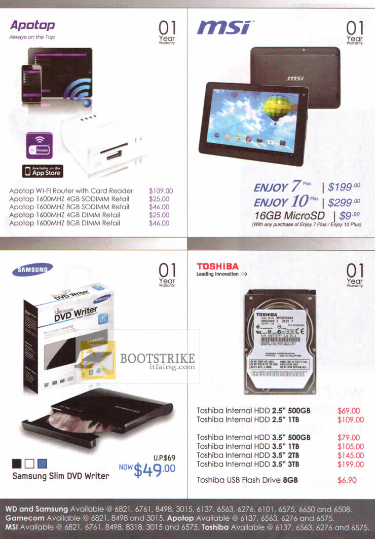 COMEX 2012 price list image brochure of Various Apotop Router, RAM Memory SODIMM, MSI Tablets 7 Plus 10, Samsung External Optical Drive, Toshiba Internal Hard Disk HDD