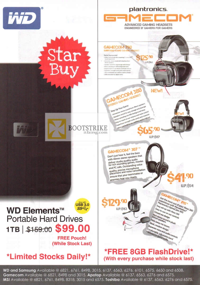COMEX 2012 price list image brochure of Various WD Elements External Storage, Plantronics Gamecom